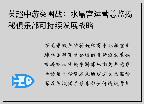 英超中游突围战:水晶宫运营总监揭秘俱乐部可持续发展战略
